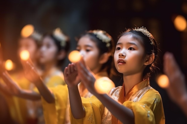 Meninas participando de um clube de teatro ensaiando para uma peça ou performance educação de meninas asiáticas