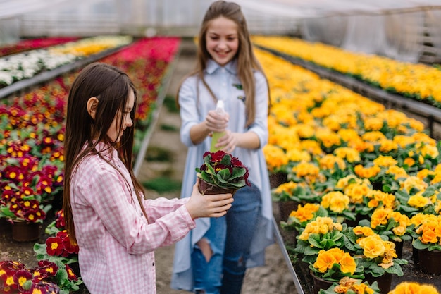 Meninas regando flores no jardim