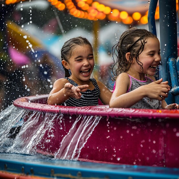 Meninas se divertindo em um parque de diversões aquático salpicando águas IA generativa