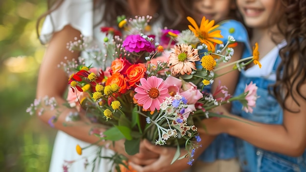 Meninas segurando um grande buquê de flores coloridas no jardim