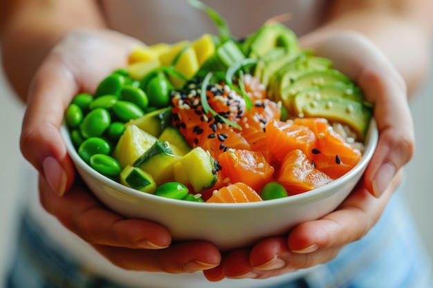 Meninas segurando uma tigela de salmão com ingredientes tradicionais havaianos