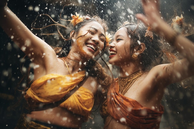 Meninas Songkran executam uma dança tradicional na chuva