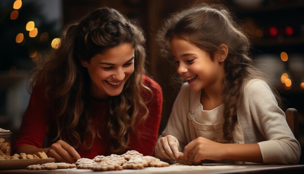 Meninas sorridente assando biscoitos família desfrutando de doces caseiros gerados por IA