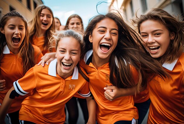 Foto meninas sorridente e jogadores de futebol feliz s fotos editoriais no estilo de laranja escuro e marinho