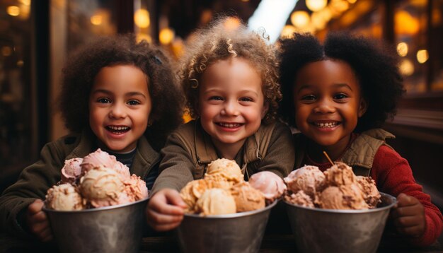 Foto meninas sorridentes meninos alegres, diversão infantil fofa ao ar livre, vínculo familiar gerado pela ia