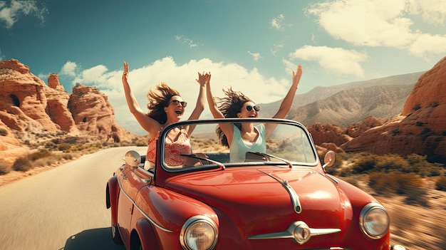 Foto meninas viajando vintage em carro conceito de viagem de verão e férias