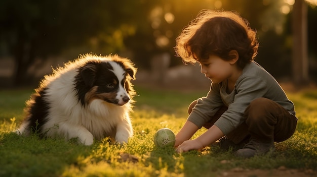 Menino a brincar com o cão.