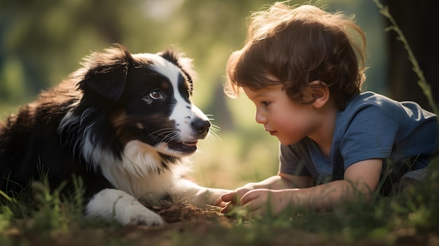 Menino a brincar com o cão.