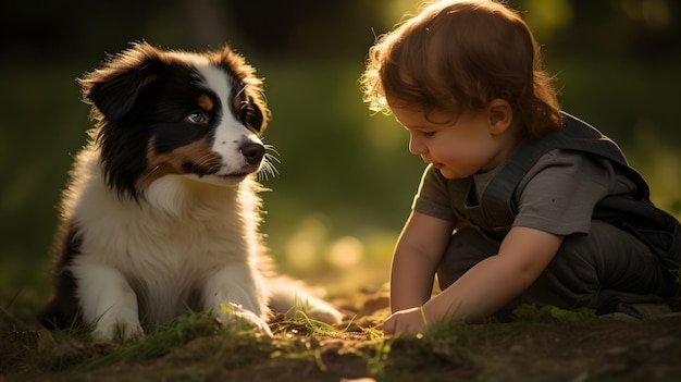 Menino a brincar com o cão.