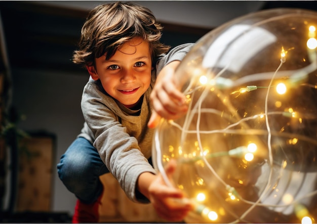 Menino a brincar com uma grande lâmpada de Natal em casa