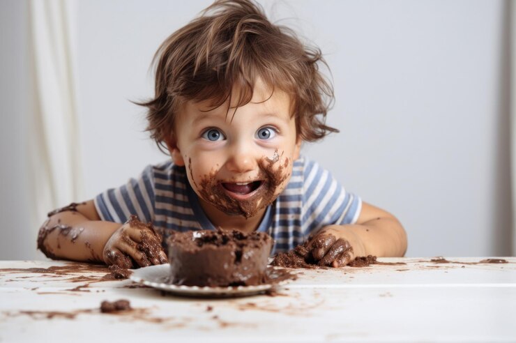 Foto menino a comer um conceito de bolo.