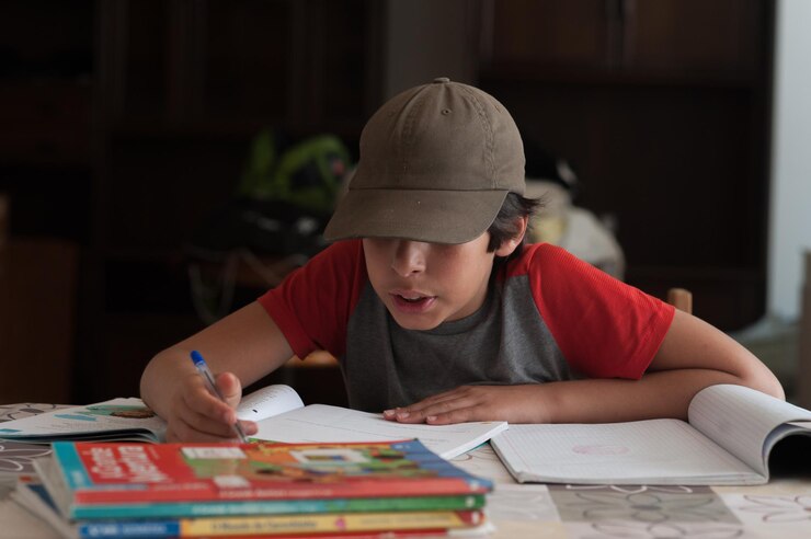 Foto menino a estudar em casa.