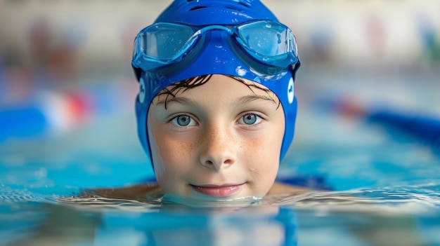 Foto menino a nadar na piscina com espaço para texto perfeito para desenhos aquáticos e de verão