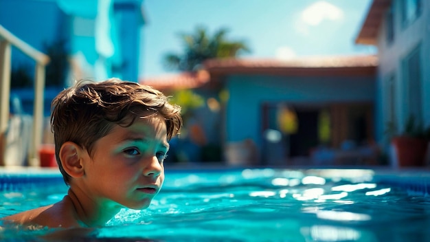 Menino a nadar na piscina