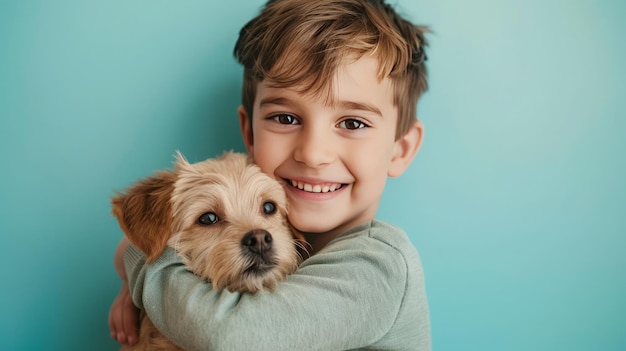 Menino abraçando seu cachorrinho em fundo azul pastel