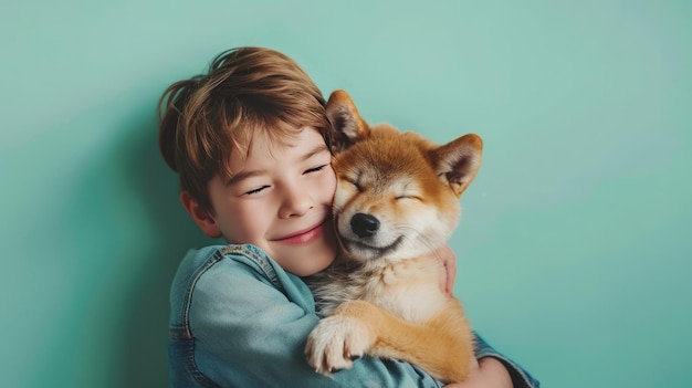 Menino abraçando seu pequeno cão akita inu em fundo azul pastel