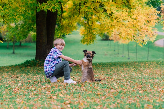 Foto menino abraçando um cachorro e brincando no outono