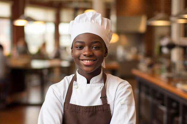 Foto menino adolescente bonito vestindo chapéu de chef e uniforme na loja de chocolate