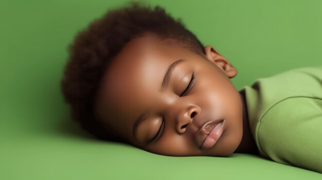 Menino africano bonito deitado no chão dormindo com os olhos fechados em fundo de cor verde claro