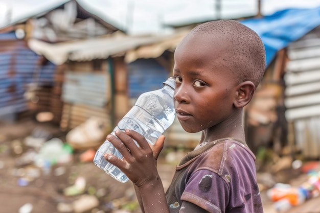 Menino africano pobre com uma garrafa de água nas favelas Falta de água crise sede Dia de Proteção das Crianças