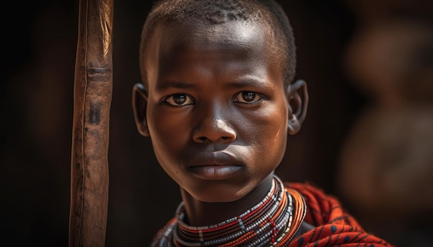 Menino africano sorridente em roupas tradicionais ao ar livre geradas por IA