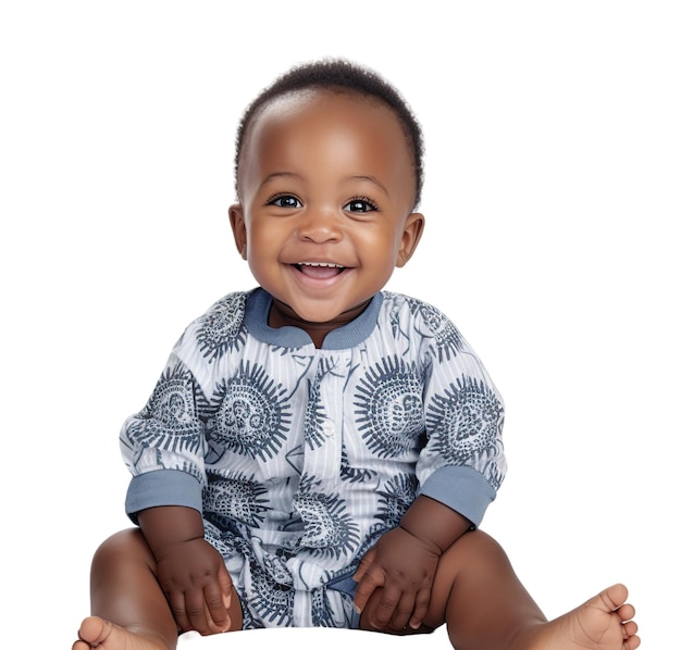 Menino africano sorridente sentado isolado em fundo branco ou transparente Imagem gerada por IA