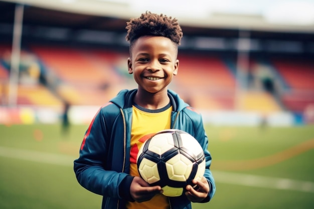 Menino afro-americano segurando uma bola de futebol com as mãos generativa ai