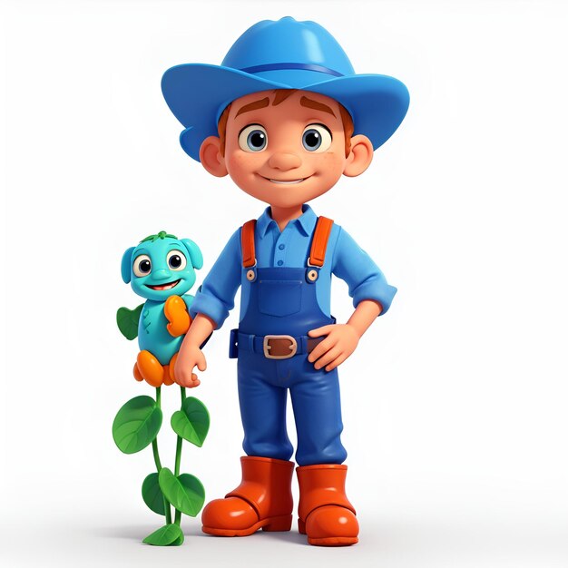 Foto menino agricultor personagem de desenho animado 3d fundo branco