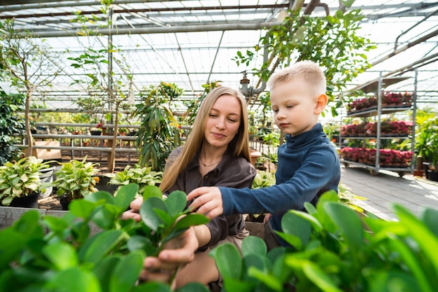 Menino ajuda a mãe que trabalha na estufa a cuidar das plantas