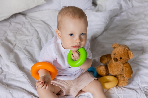 Menino alegre brincando com brinquedos no cobertor, ursinho de pelúcia, saúde, banner, cartão