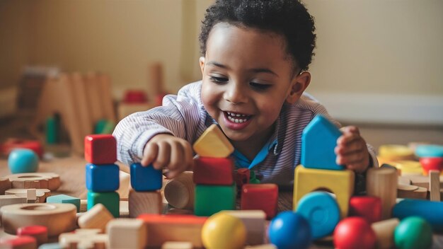 Menino alegre com brinquedo de madeira colorido para aprender