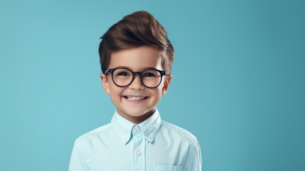 Foto menino alegre rindo estilo casual inteligente em fundo turquesa