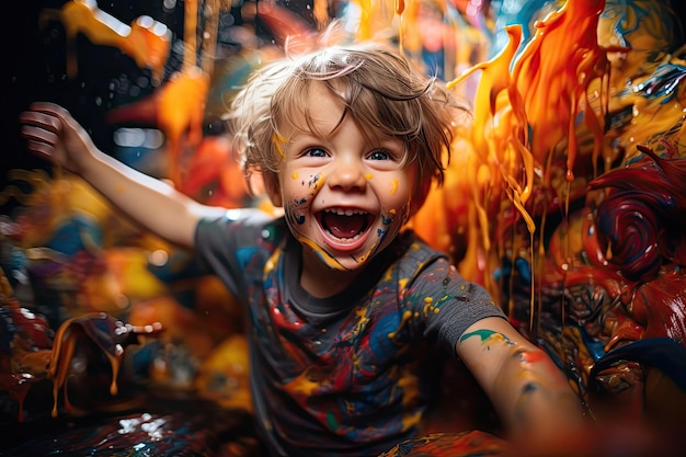 Menino alegremente brincando com cores vibrantes mãos pintadas adornadas com a alegria da exploração artística Menino com pintura