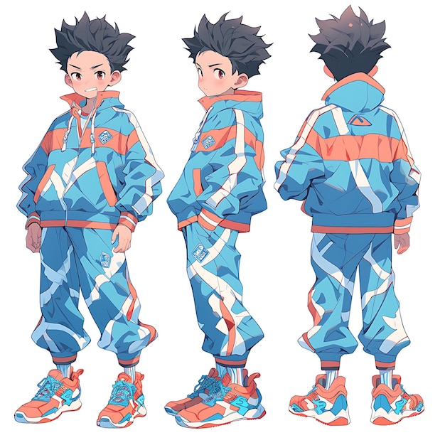 Foto menino alto e desportivo desenhado à mão com terno e tênis vibrante e criativo de ilustração de anime