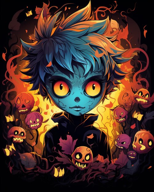 menino anime com cabelo azul e olhos amarelos cercado por abóboras de Halloween generativ ai