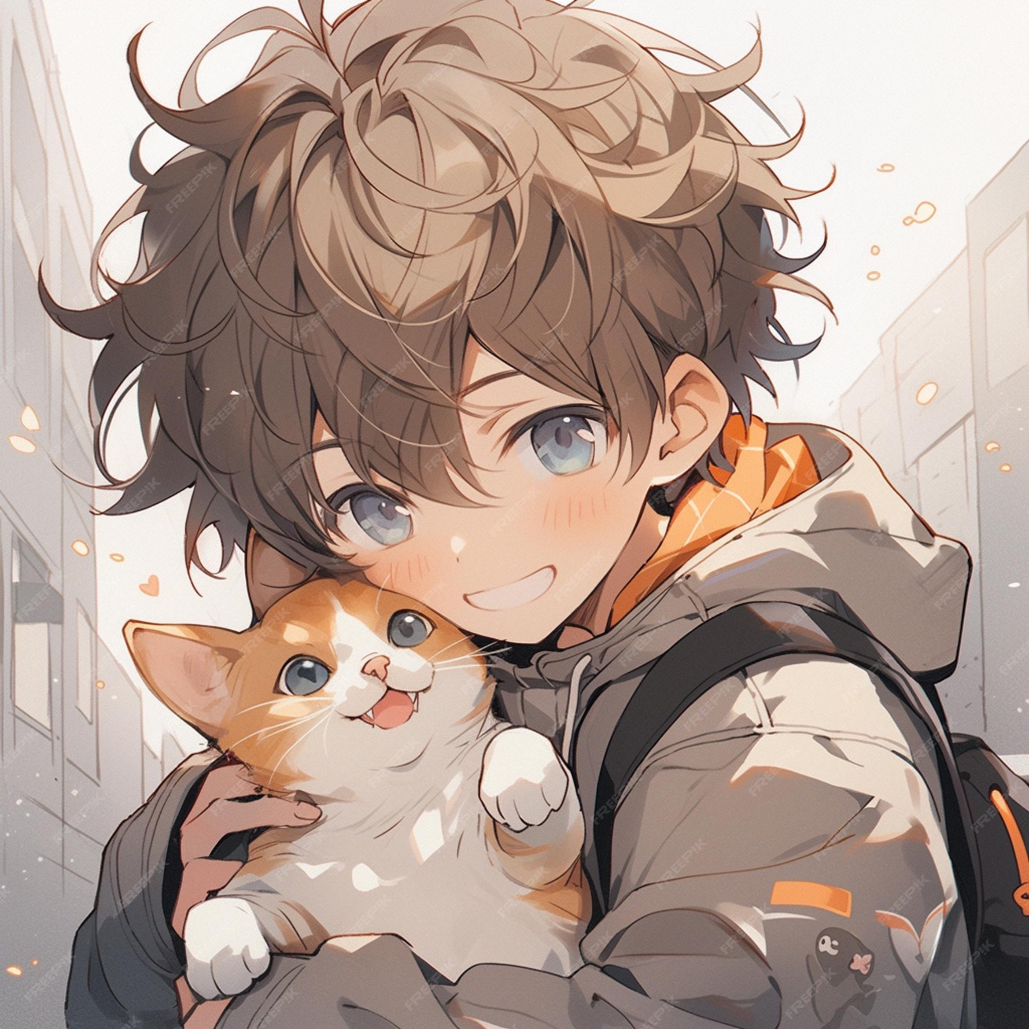 Menino anime com um gato nos braços ai generativa