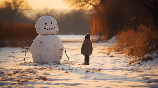 Foto menino ao lado de seu boneco de neve construído em várias quedas de neve desfrutando das férias e da temporada de natal