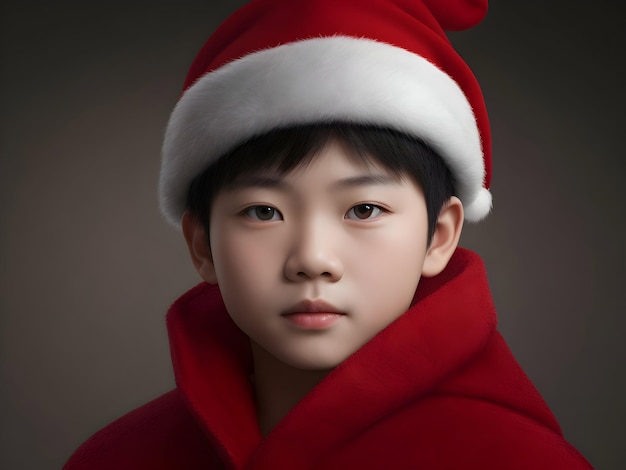 Menino asiático em casaco vermelho com chapéu de Papai Noel em fundo preto gerado com IA