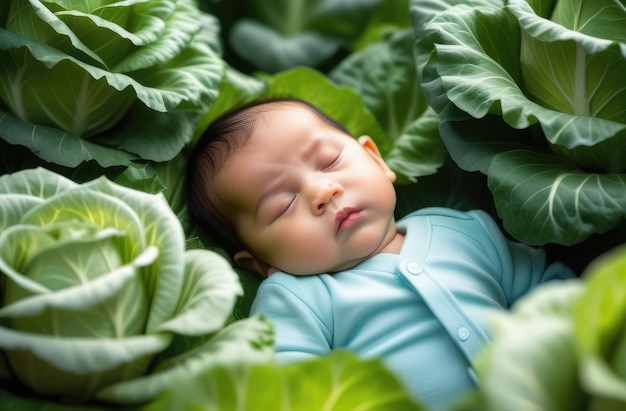 Foto menino asiático em repolho bebê recém-nascido dormindo no jardim no chão cercado por vegetais