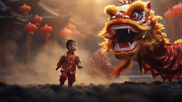 menino asiático em traje tradicional tocando dança do dragão durante a celebração do Ano Novo Chinês
