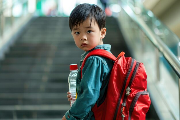 Foto menino asiático hiperativo com autismo e tdah se inclina para trás segurando o corrimão lidando com