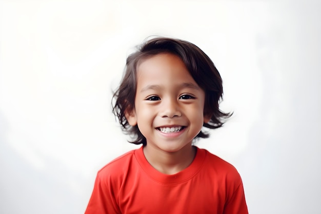 Menino asiático sorrindo usa roupa vermelha em um fundo branco