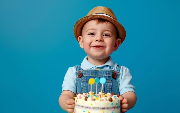 menino bebê com bolo mostrando sobremesa em fundo de cor sólida