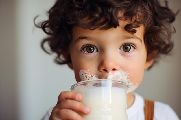 Menino bonitinho bebendo leite e deixando manchas de leite que parecem bigode na boca