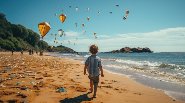 Menino bonitinho brincando no campo de verão de trigo foto tirada por trás