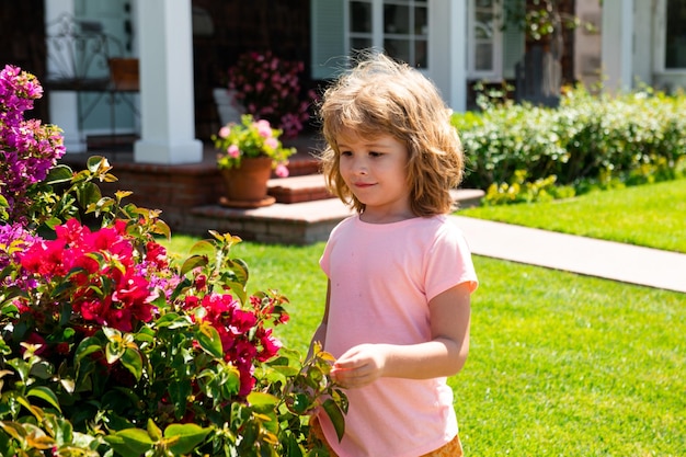 Menino bonitinho colhendo flores no jardim de verão florescendo primavera rosto de criança feliz