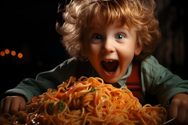 Menino bonitinho comendo espaguete à bolonhesa ou macarrão à bolonhesa em casa Criança feliz comendo refeição saudável cozida fresca com macarrão Generative Ai