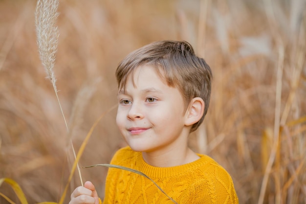 Menino bonitinho de 7 anos brinca no parque brilhante do outono Retrato de uma criança feliz Queda