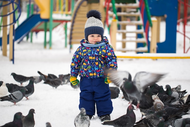 Menino bonito alimenta pássaros no parque de neve de inverno ao ar livre