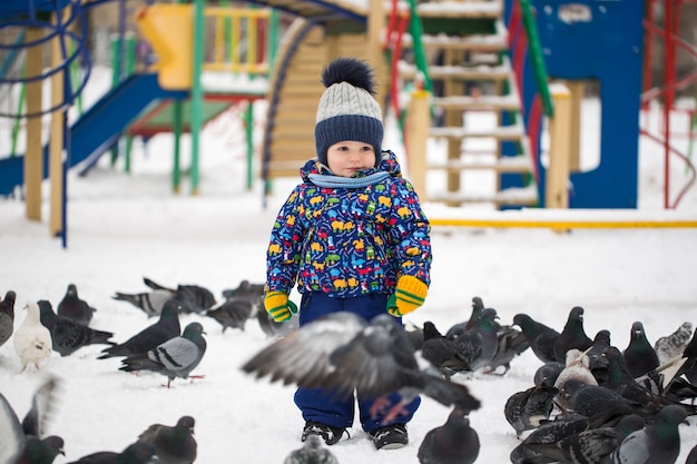 Menino bonito alimenta pássaros no parque de neve de inverno ao ar livre